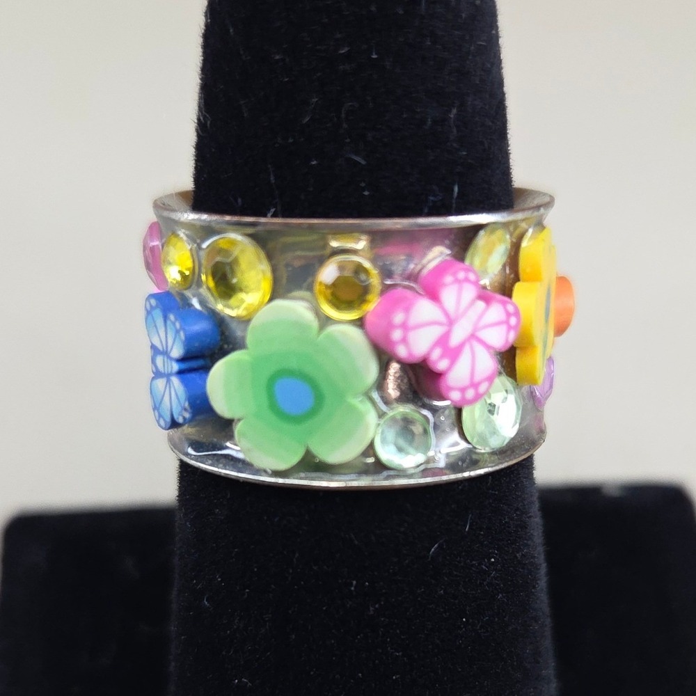 Y2K Colorful Flower Butterfly Rhinestone Wide Band Statement Ring Size 8